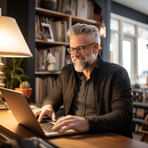 A man is sitting at a desk using a laptop computer.