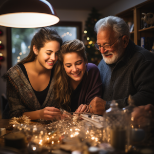 A man and two women are sitting at a table decorating for christmas