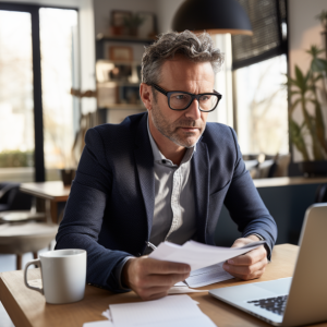 A man wearing glasses is sitting at a table with a laptop and a cup of coffee.