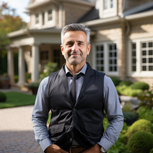 A man in a vest and tie is standing in front of a house