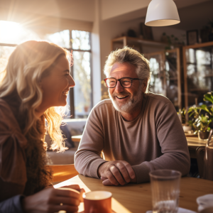 A man and a woman are sitting at a table talking to each other.