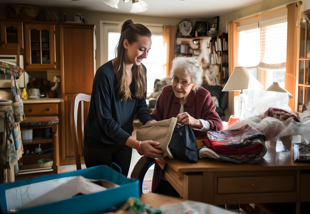 A young woman is helping an older woman with her purse in a living room.