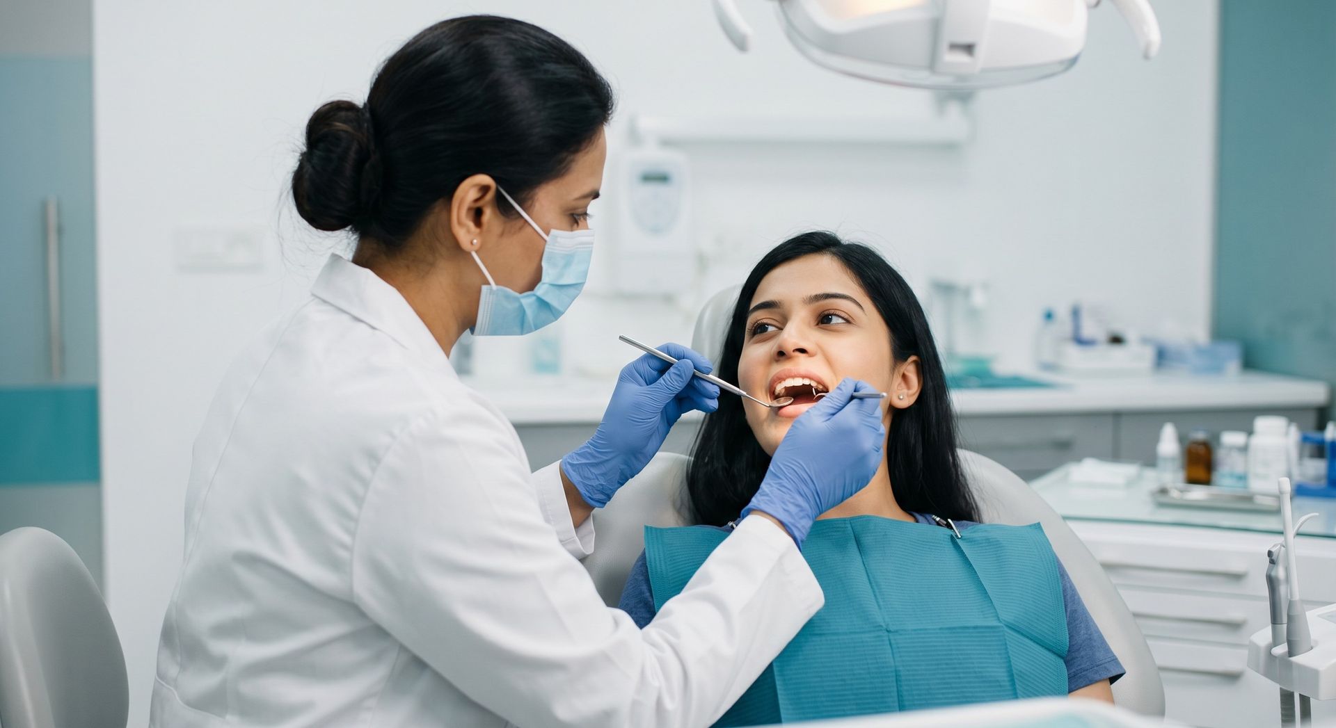 A female dentist examining a young woman's teeth with dental tools in a modern clinic. A female dentist examining a young woman's teeth with dental tools in a modern clinic.