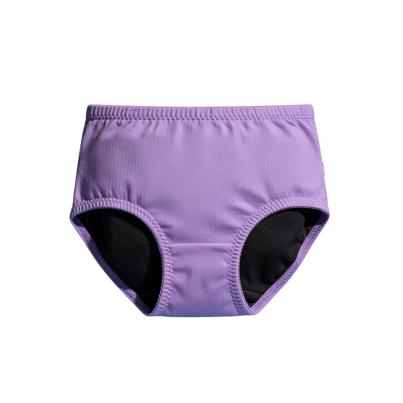 Braguitas de entrenamiento para bebé color lavanda con aberturas negras en las piernas sobre fondo blanco.
