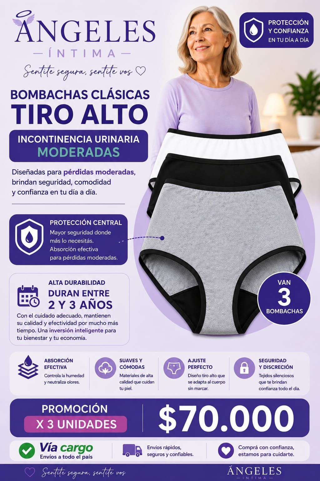 Bombachas para incontinencia leves y moderadas x 3 unidades.  Colores sin elección ,según stock