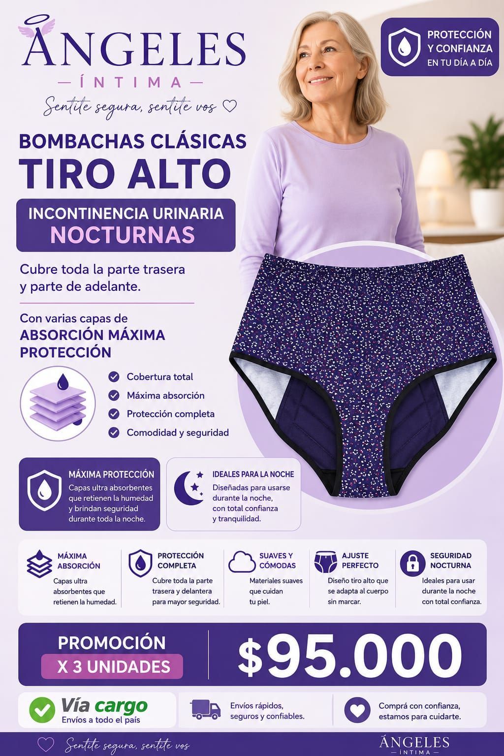 Bombachas nocturnas para incontinencia urinaria y menstruales x 3 unidades.colores sin elección, según stock