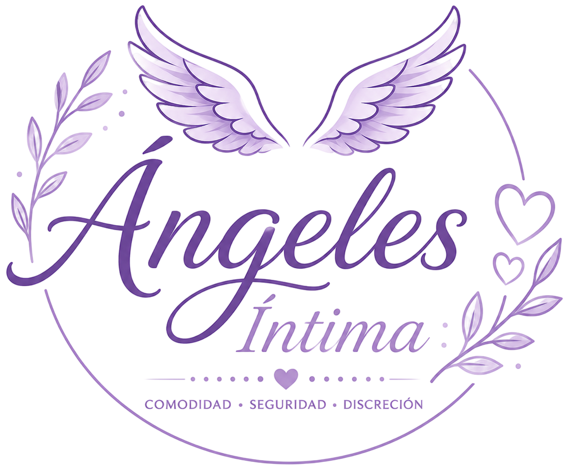 Logo of Ángeles Íntima in purple, with wings, hearts, and the words “comodidad, seguridad, discreción.”