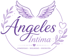 Logo of Ángeles Íntima in purple, with wings, hearts, and the words “comodidad, seguridad, discreción.”