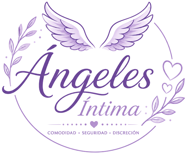 Logo of Ángeles Íntima in purple, with wings, hearts, and the words “comodidad, seguridad, discreción.”