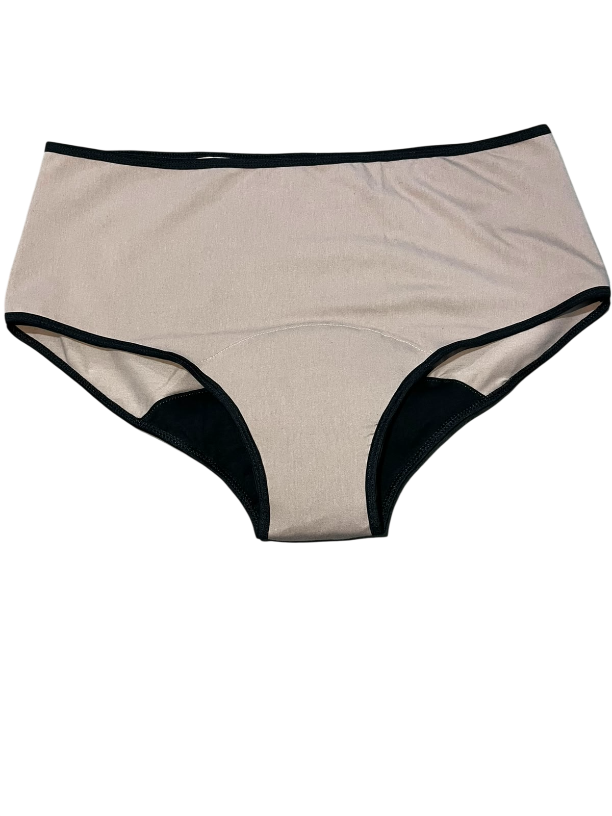 Ropa interior femenina beige y negra de talle bajo sobre fondo blanco.