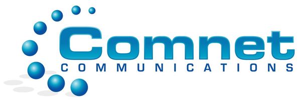 Logo for Comnet Communications, in blue, with orbiting blue spheres. 