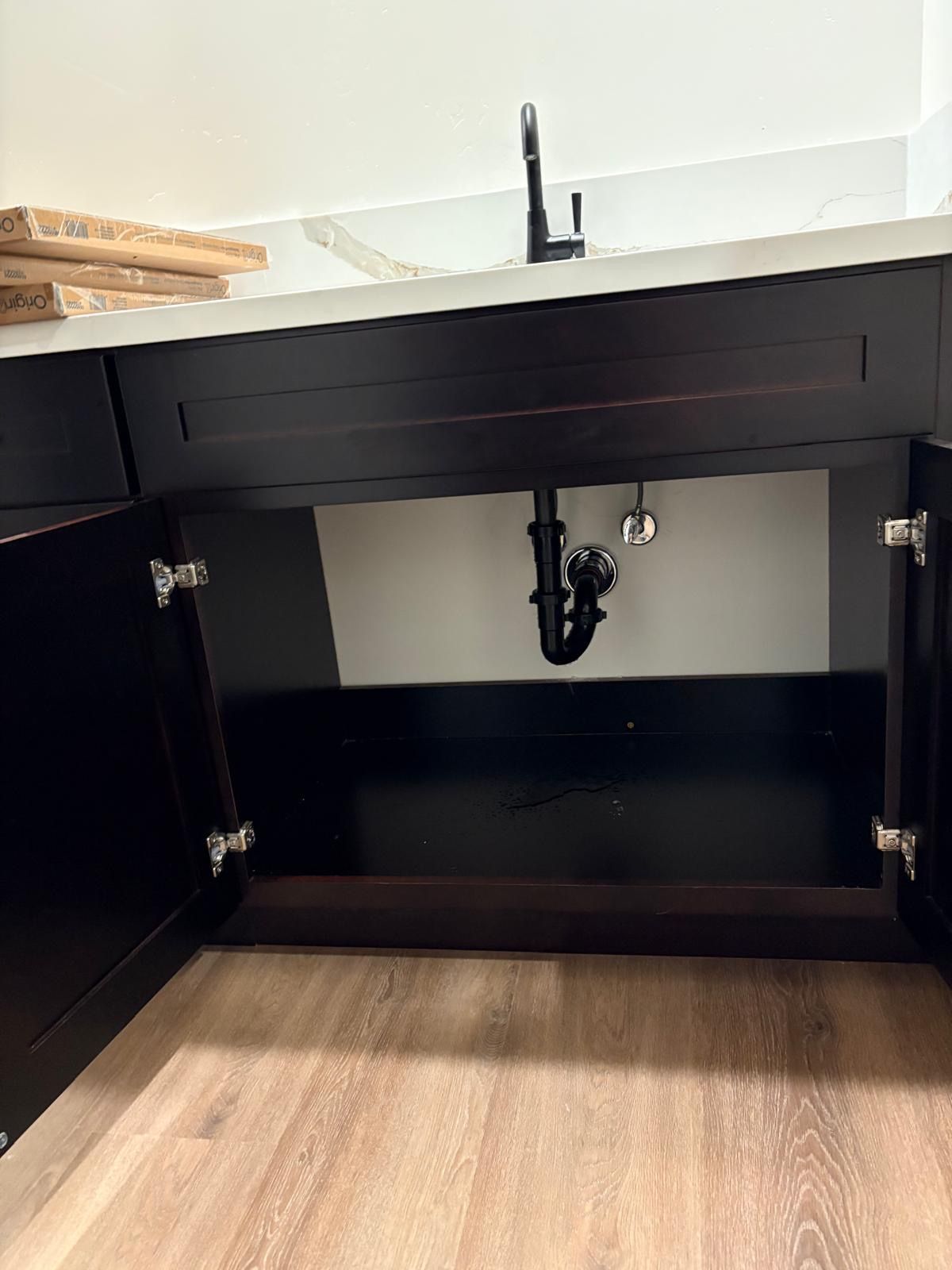 Open cabinet under a sink with plumbing visible. Dark brown cabinets, light countertop, and light-colored floor.