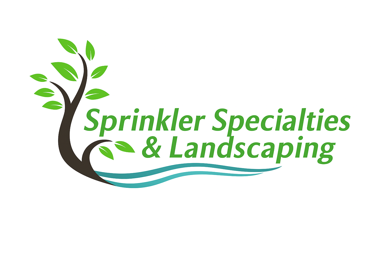 Logo for Sprinkler Specialties & Landscaping with a stylized tree, green leaves, and blue water lines on white background.