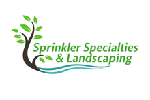 Logo for Sprinkler Specialties & Landscaping with a stylized tree, green leaves, and blue water lines on white background.