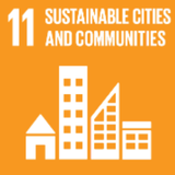 An orange sign that says 11 sustainable cities and communities