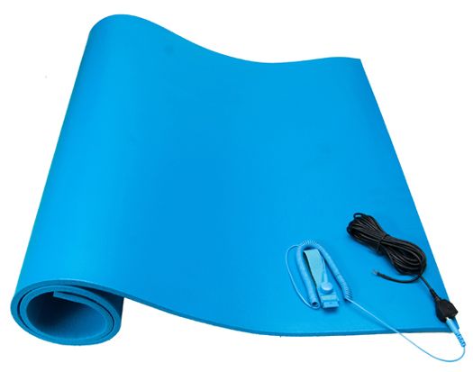 A blue yoga mat with a cord attached to it