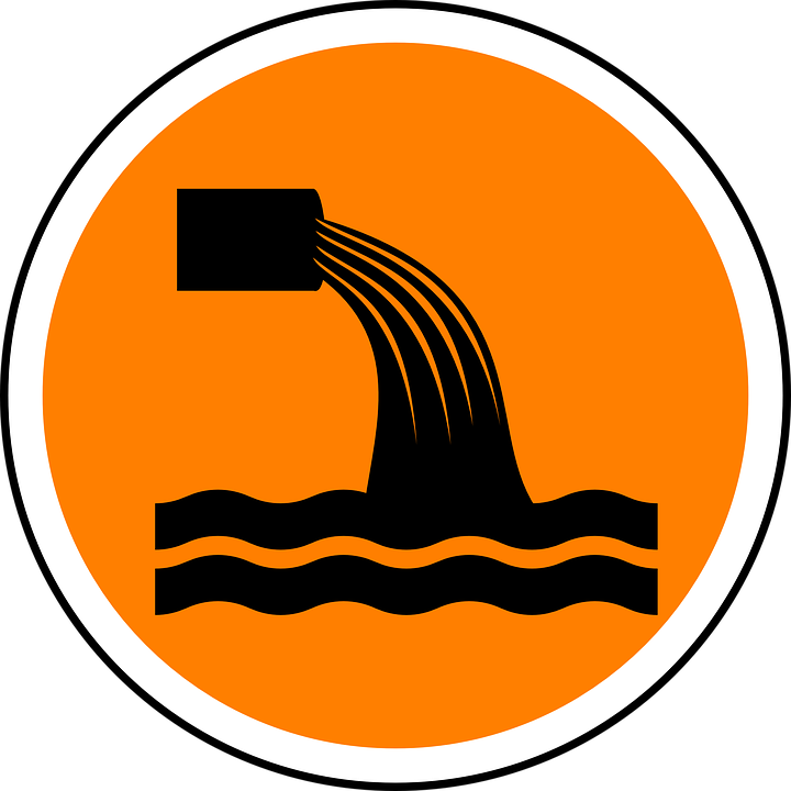 An orange circle with a black silhouette of a pipe pouring water into the ocean