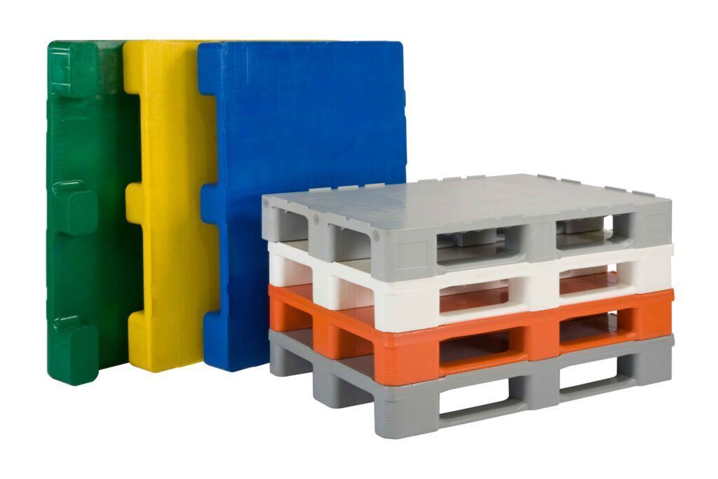 Three plastic pallets are stacked on top of each other on a white background.