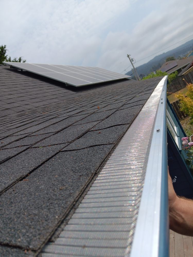 A person is cleaning a gutter on a roof with a solar panel in the background.