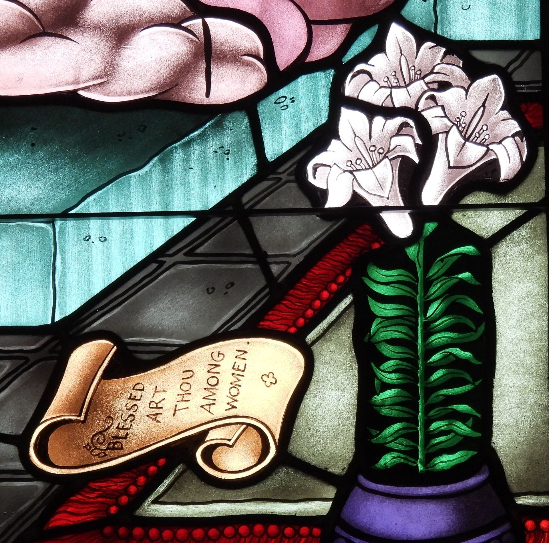 Window 02, closeup of lily and scroll