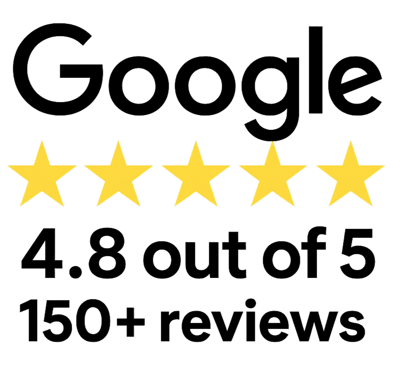 Google logo with five gold stars and rating: 4.8 out of 5, based on 150+ reviews.