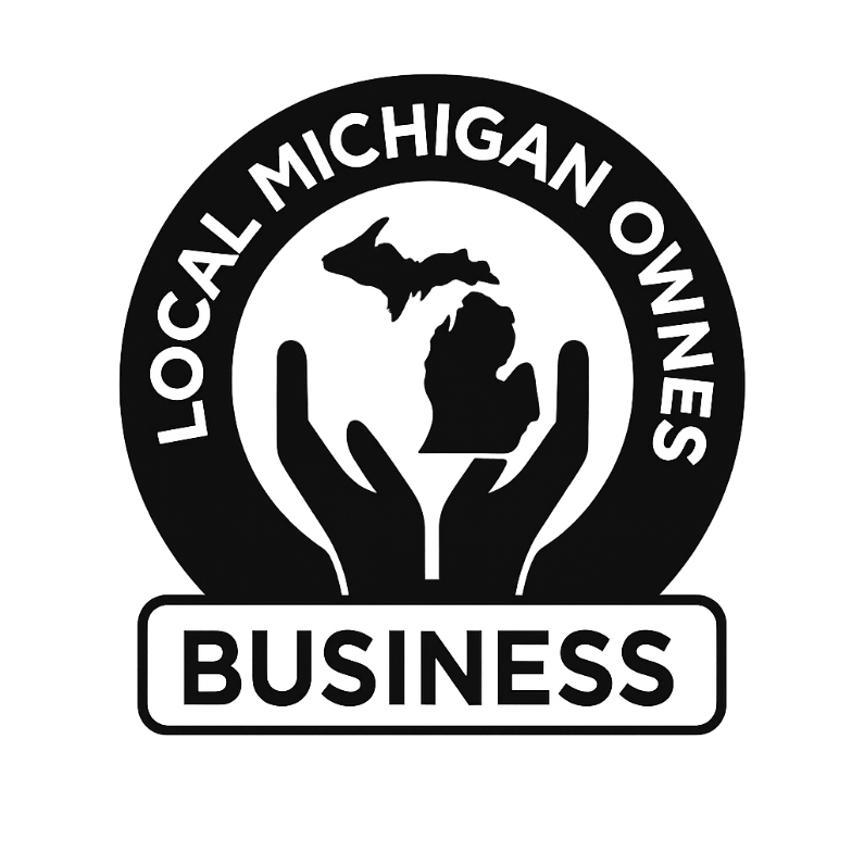 Black and white logo: Hands cradling a Michigan outline, text reads 