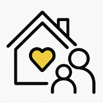 House with heart, two figures. Yellow heart inside house, black outline.