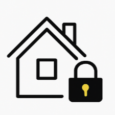 House icon with black outline, black lock with yellow keyhole, depicting home security.