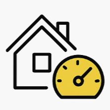 House icon next to a yellow gauge, representing energy efficiency.