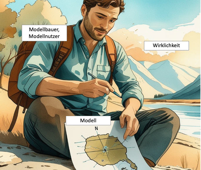 Mann mit Rucksack studiert eine Karte mit der Aufschrift