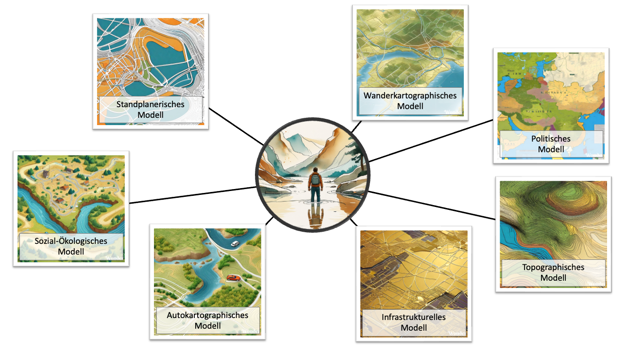 Eine Person geht auf Berge zu, umgeben von Kartendarstellungen verschiedener Geländearten.