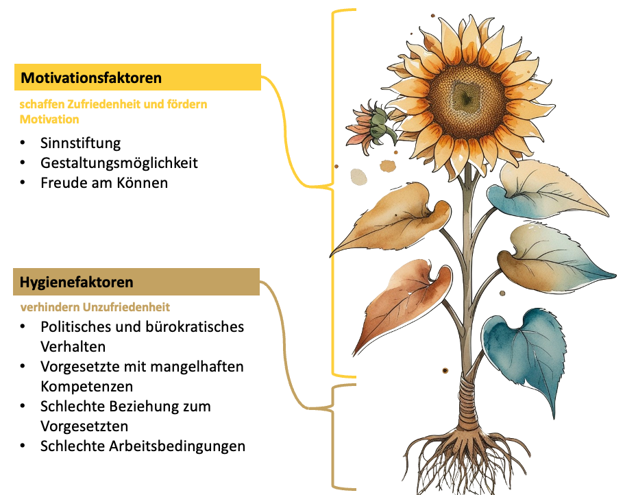 Diagramm: Sonnenblume mit Beschriftung der Faktoren, die die Motivation am Arbeitsplatz beeinflussen, unterteilt in Motivationsfaktoren und Hygienefaktoren.
