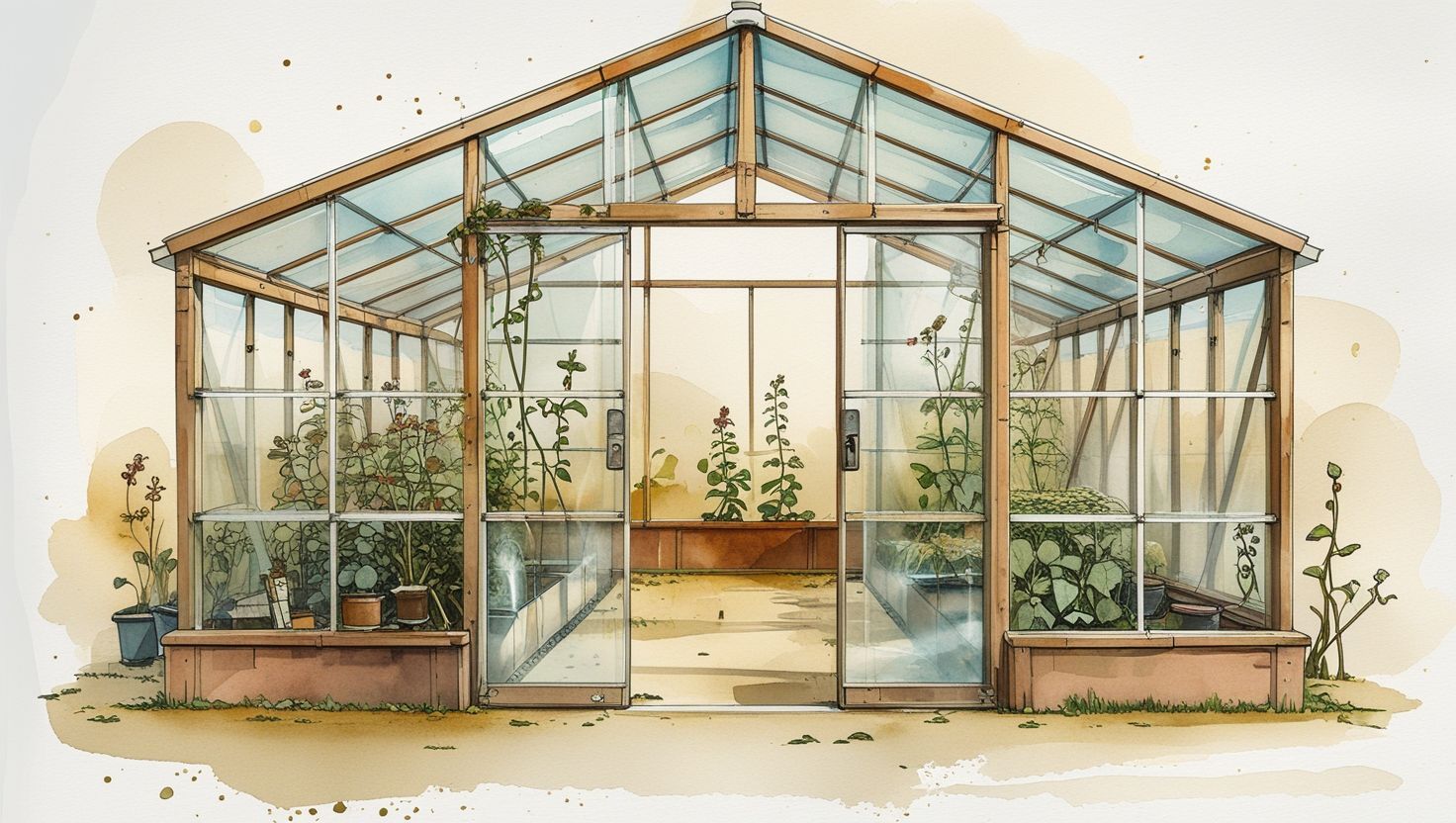 Gewächshaus mit Glaswänden und -dach, gefüllt mit Pflanzen, an einem sonnigen Tag.