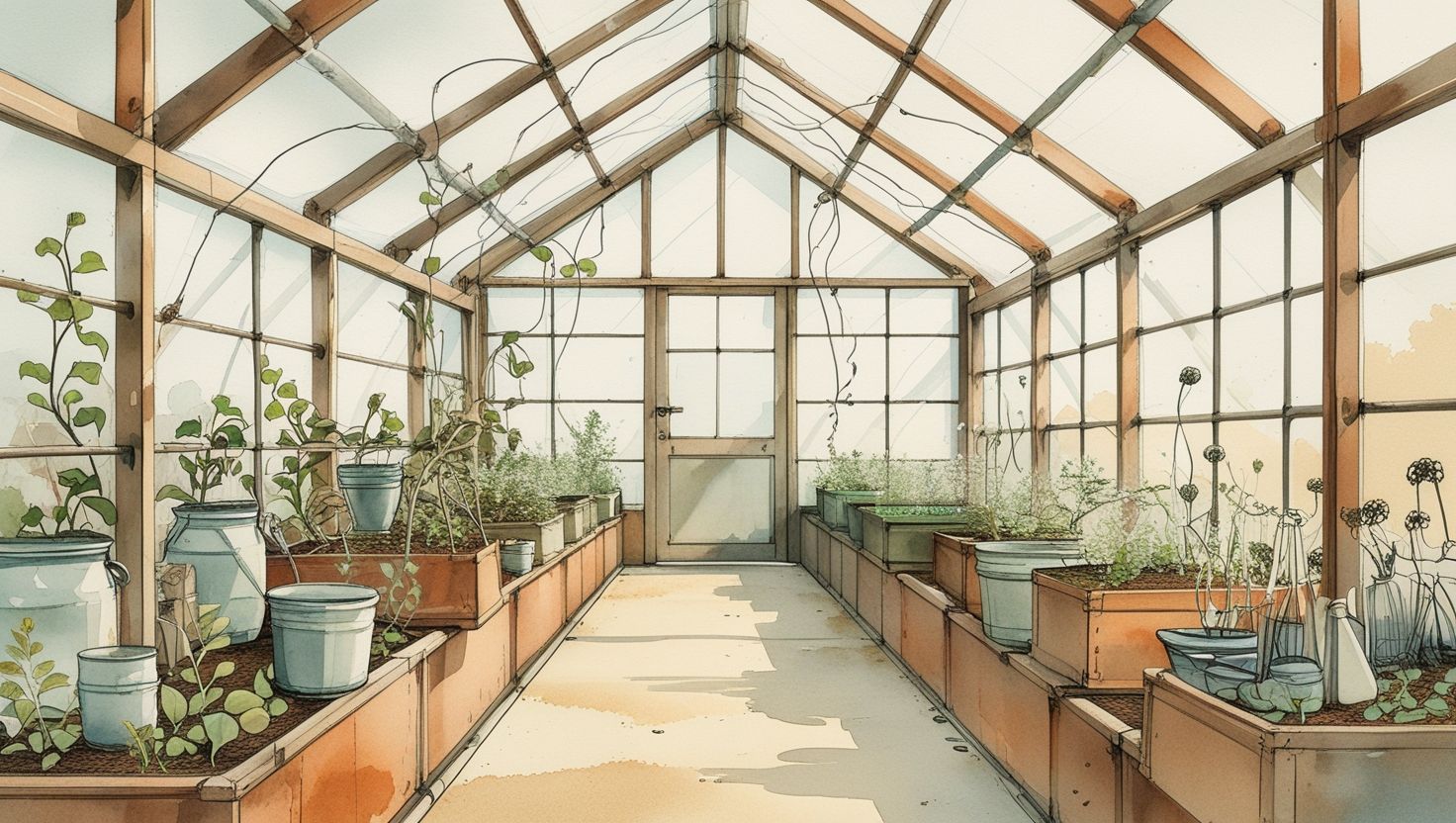 Ein sonnendurchflutetes Gewächshaus voller Topfpflanzen und ein gefliester Weg.