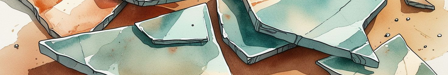 Aquarellmalerei von zerbrochenen, kantigen Formen in Grün- und Brauntönen.