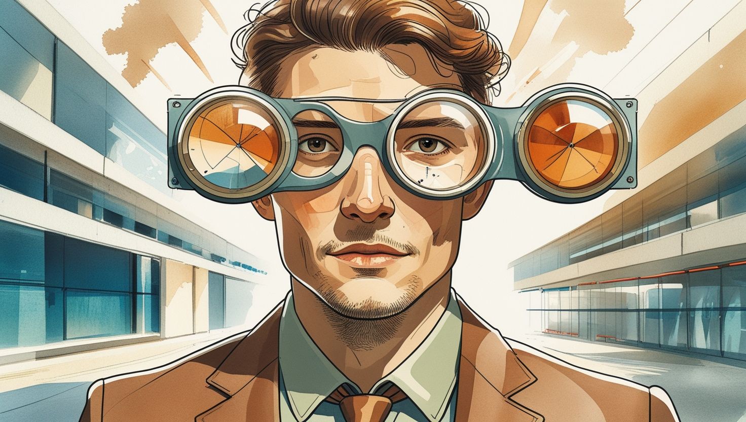 Mann mit Brille mit segmentierten, kreisförmigen Gläsern, im Freien, Blick nach vorn.