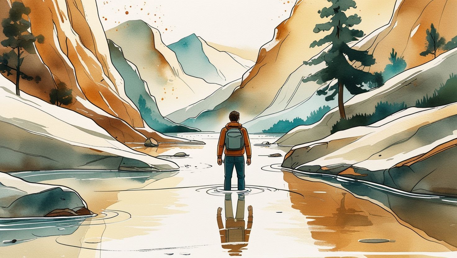 Eine Person steht in einem Fluss und blickt auf eine Berglandschaft; Aquarellstil.