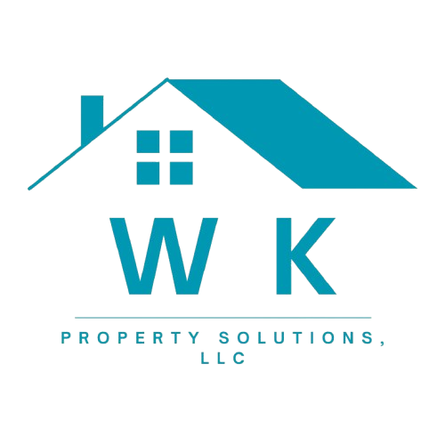 A blue and white logo for wk property solutions llc