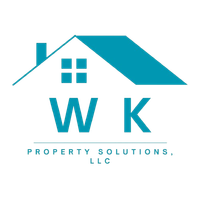 A blue and white logo for wk property solutions llc