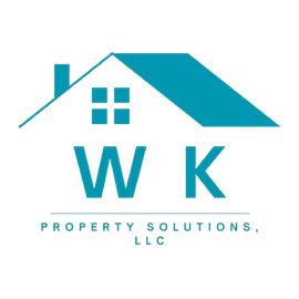 A blue and white logo for wk property solutions llc