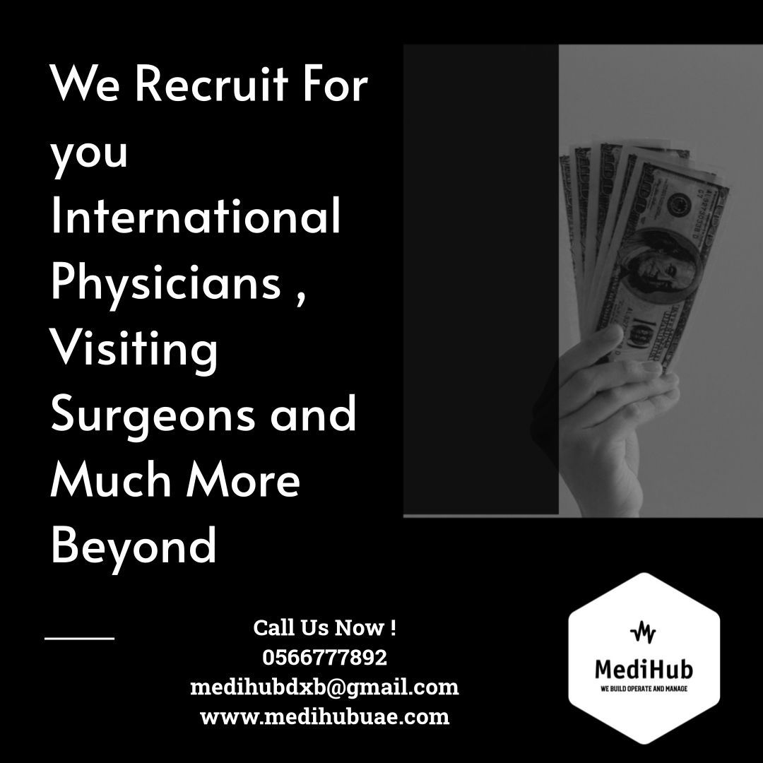 Black and white ad: MediHub recruits international physicians, surgeons, and more. A hand holds cash. Contact info provided.
