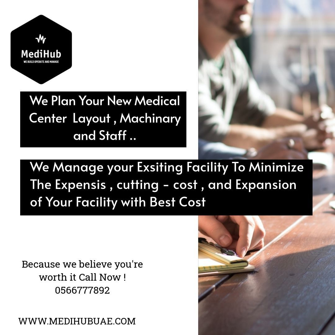 Advertisement for MediHub. Black and white text on a blurred background with a man and documents, promoting medical center planning and facility management services.