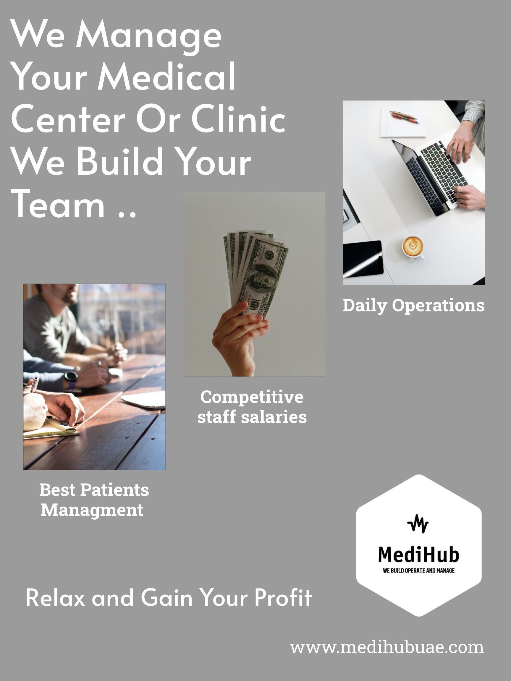 Medical center management ad. Text: 