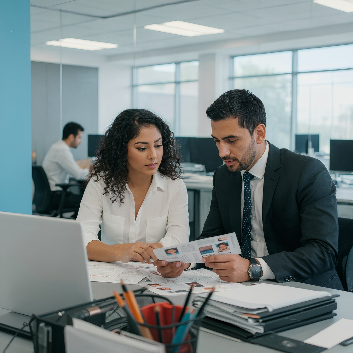 Woman and man reviewing documents in an office. The man wears a suit, and the woman a white blouse.