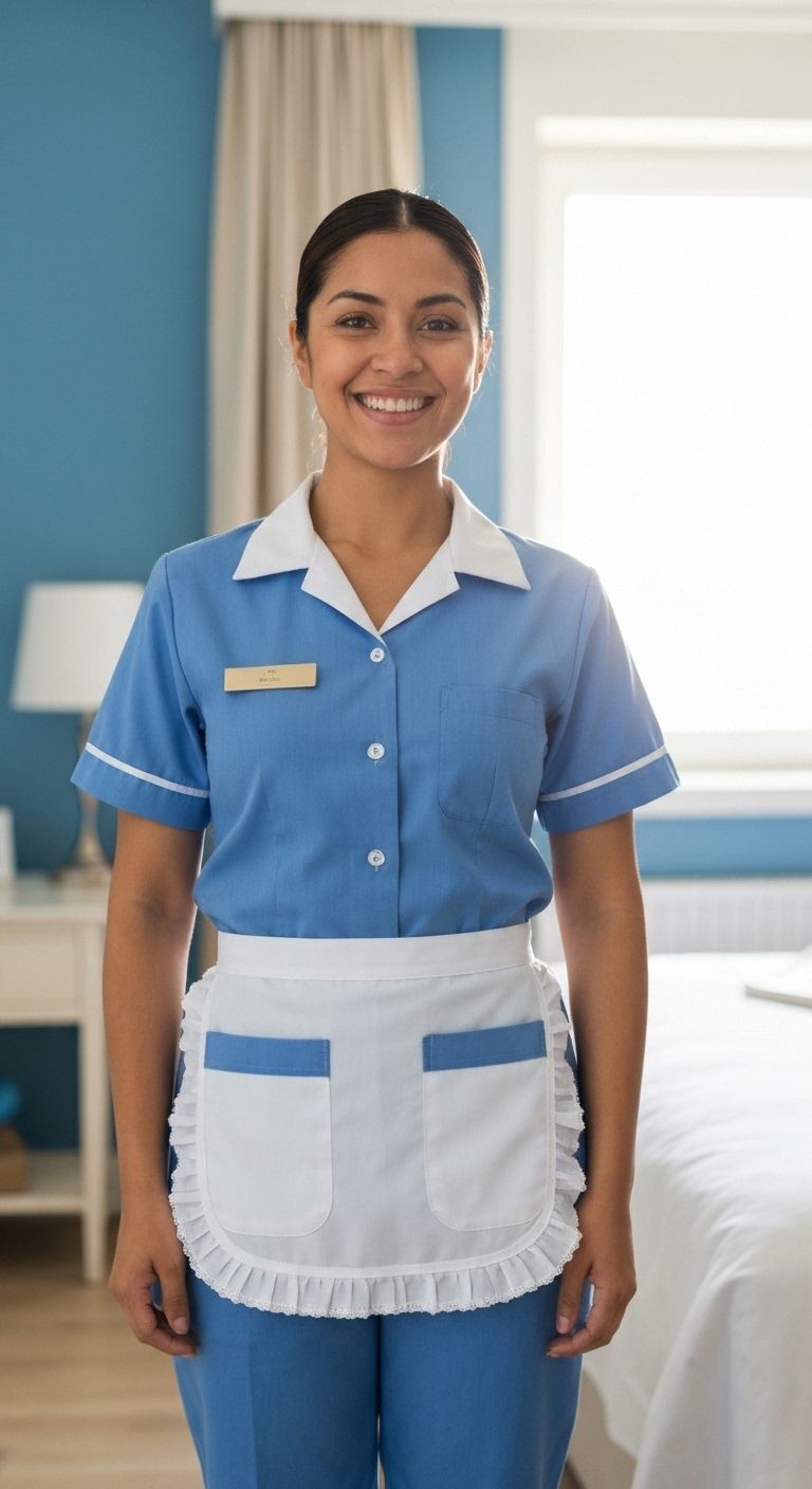 Smiling hotel housekeeper in blue uniform and white apron.