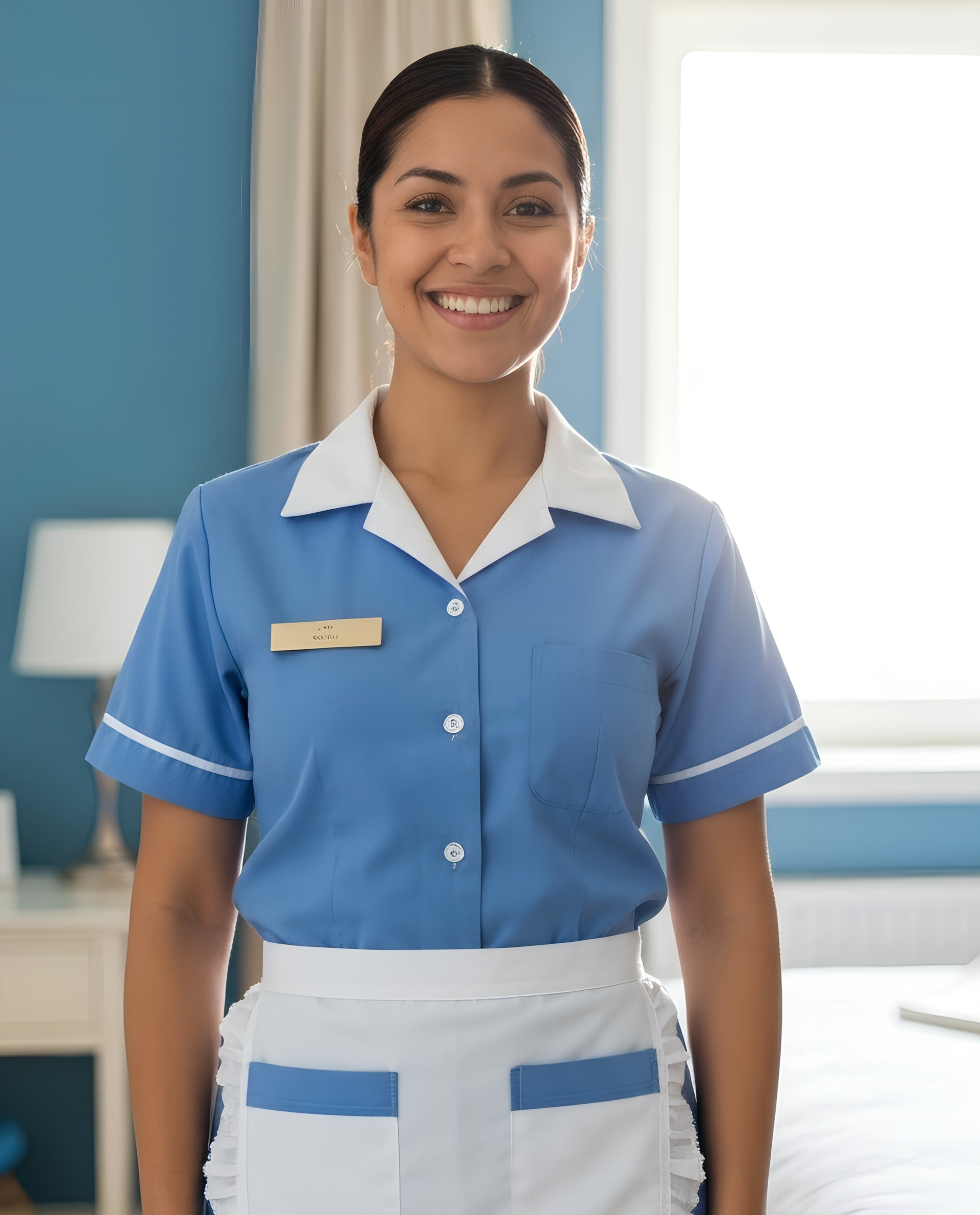 Smiling hotel housekeeper in blue uniform and white apron.