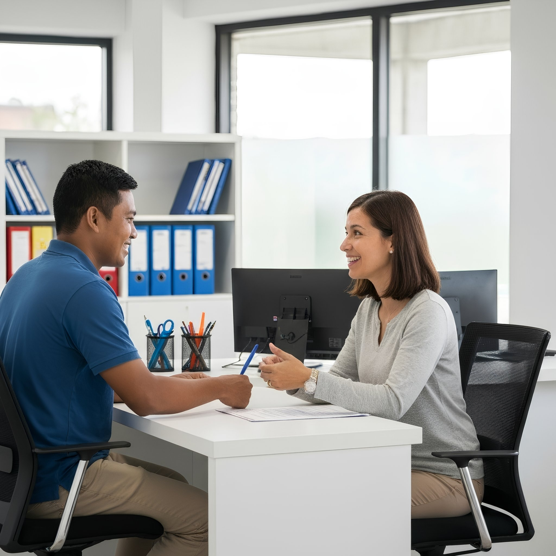 A man and woman in office, at desk. Man signing papers. Woman smiling, talking, and gesturing.