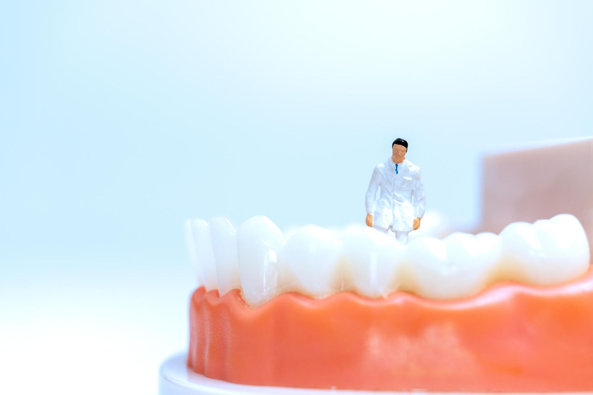 A miniature dentist is standing on top of a model of teeth.