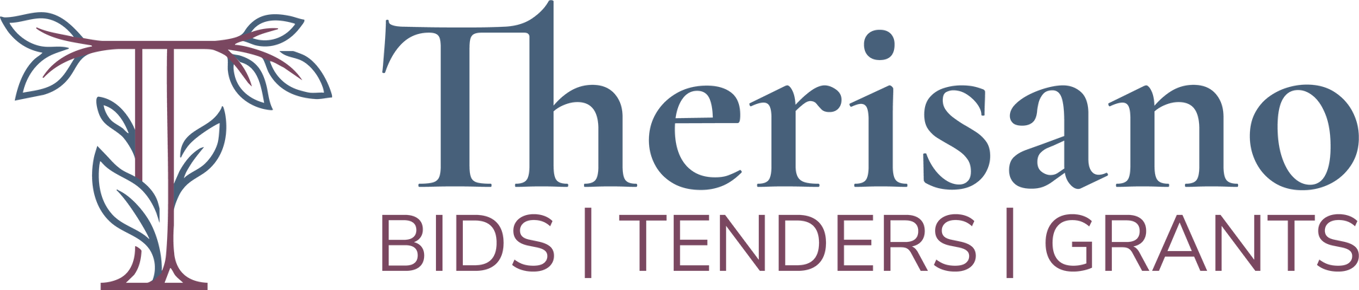 Therisano logo with stylized flower and tagline &ldquo;BIDS | TENDERS | GRANTS&rdquo;