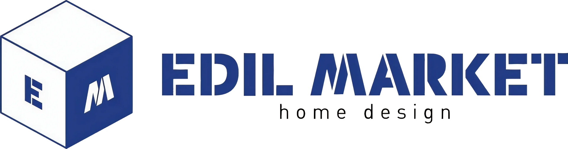 Logo per Edil Market, raffigurante un cubo blu e bianco con le lettere "E" e "M" e la scritta "EDIL MARKET home design" in blu scuro.